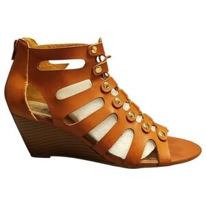 Madden Girl Hastee Cognac Par Wedge Heel‎ Sandals Womens US 8.5M Brown Back Zip